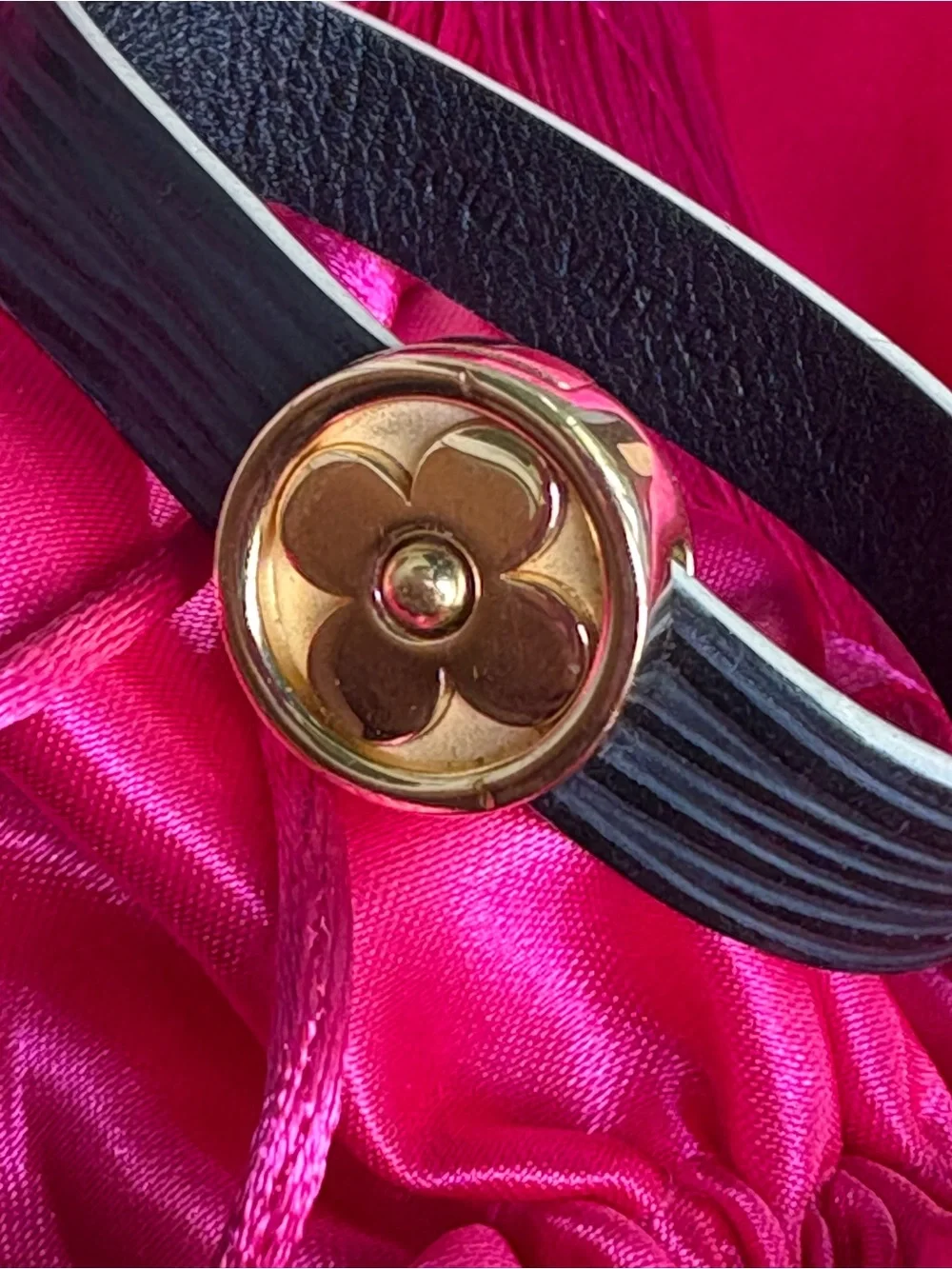 Louis Vuitton Black Leather Bracelet with Gold Monogram Medallion